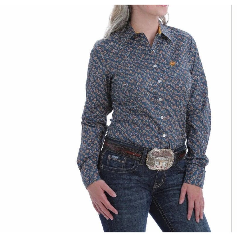 Cinch Shirt Womens Medium Blue Paisley Western Button Front Long Sleeve Top